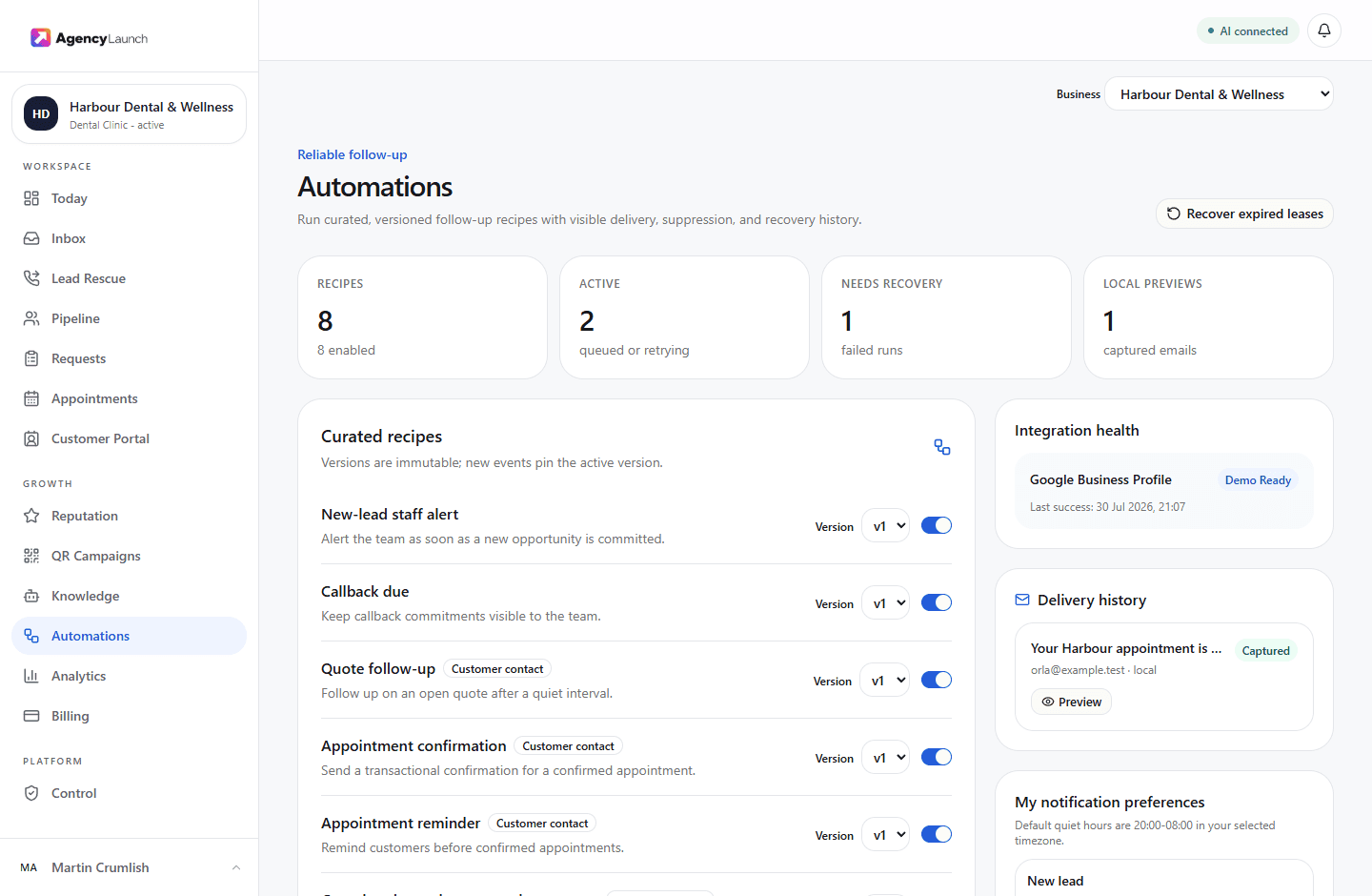 Automation workspace showing active recipes, delivery state, and recovery controls
