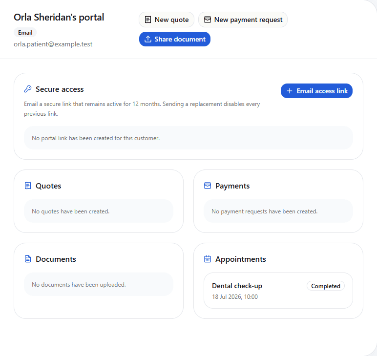 Secure customer portal controls for access, quotes, payments, documents, and appointments