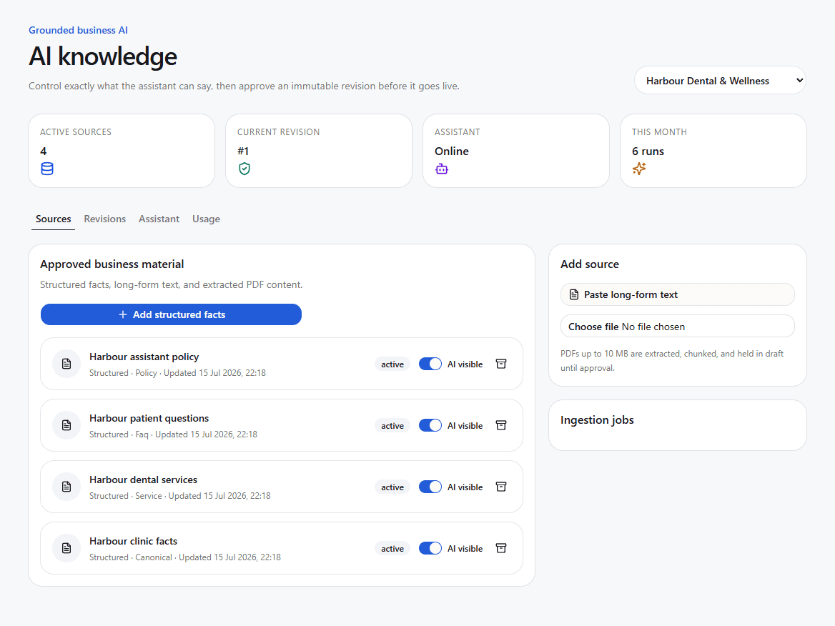 AI Knowledge workspace with approved sources, revisions, and assistant status