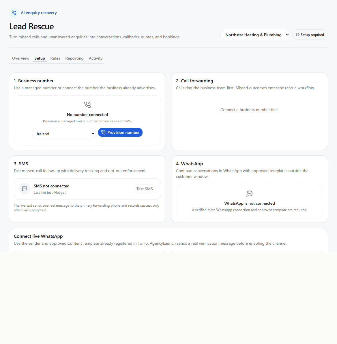 Lead Rescue setup for managed numbers, call forwarding, SMS, and WhatsApp
