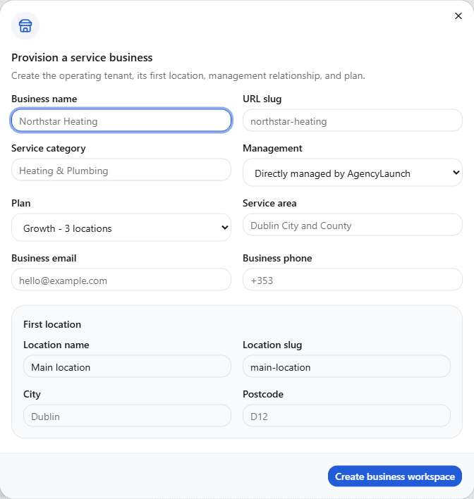 Managed onboarding form for provisioning a service-business workspace