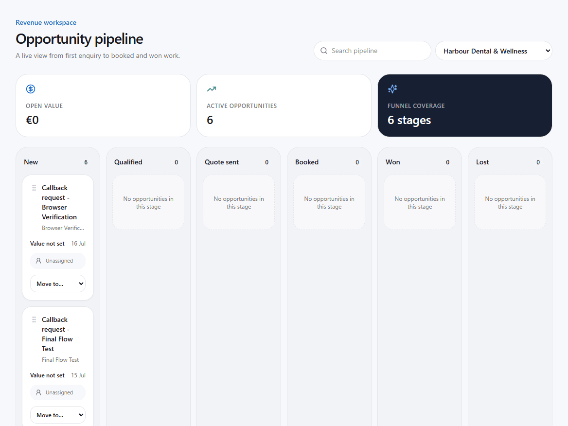 Opportunity pipeline showing enquiry stages from new through won