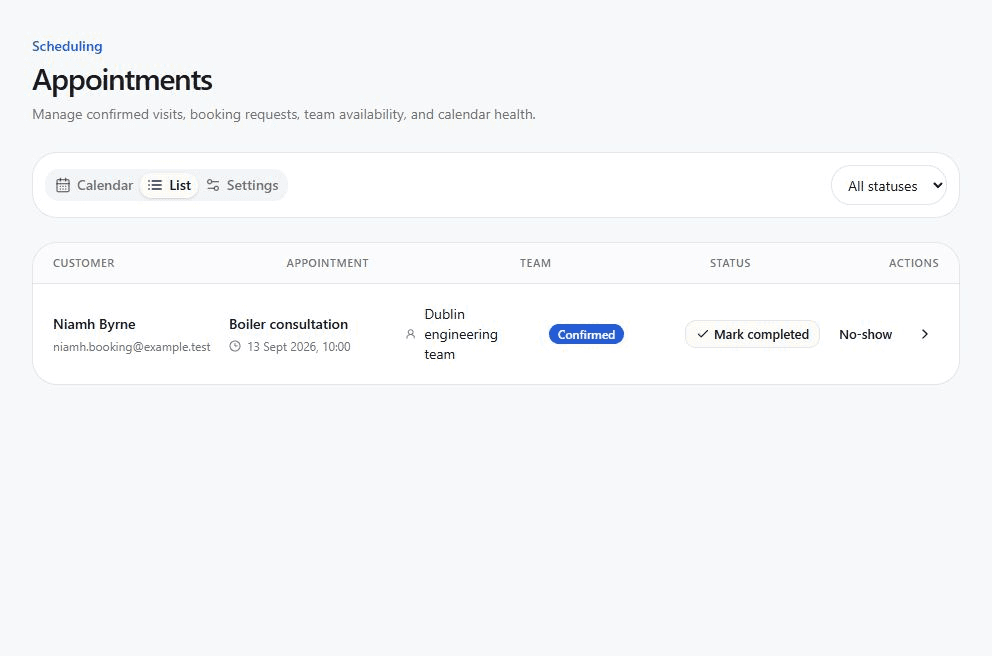 Appointments list showing a confirmed demo consultation and staff actions