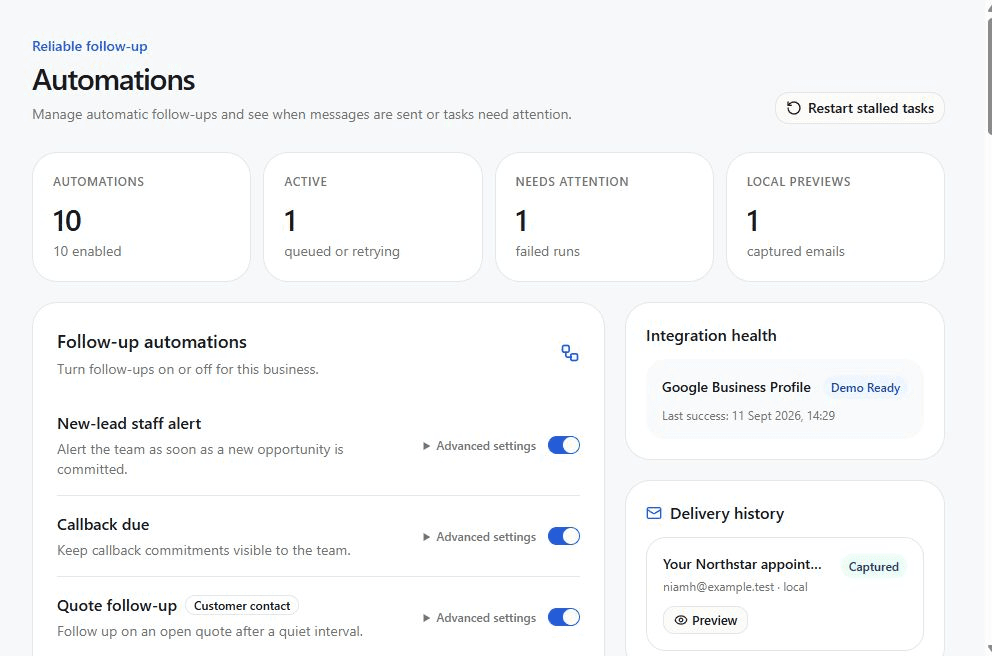 Automations workspace with follow-up switches, delivery history, and task recovery