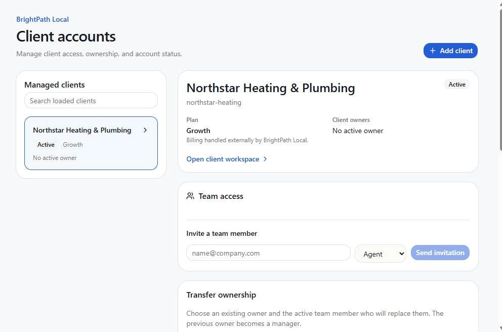 Agency Client accounts page showing a demo business, workspace access, and team invitations