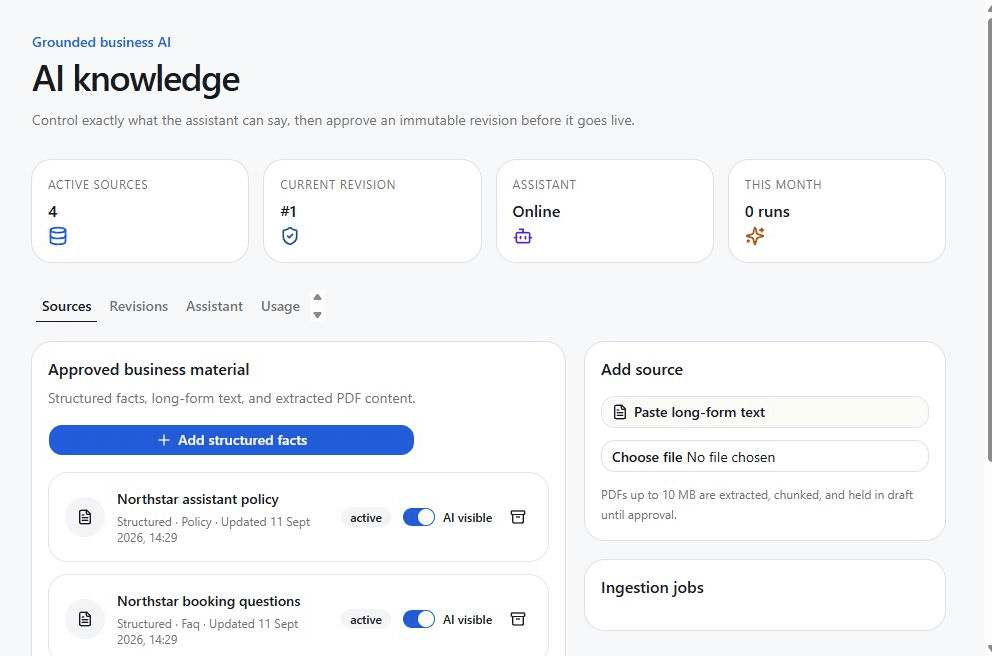 AI Knowledge workspace with approved sources, revisions, and assistant status