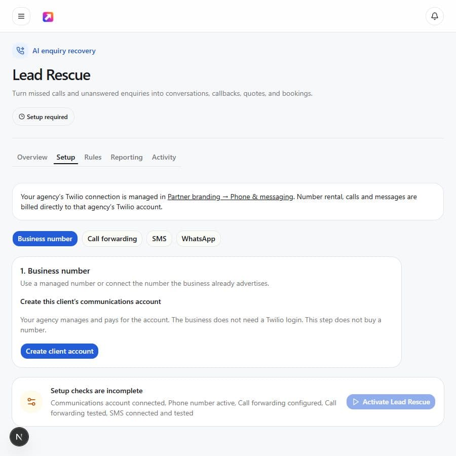 Lead Rescue setup showing an agency-managed client communications account before activation