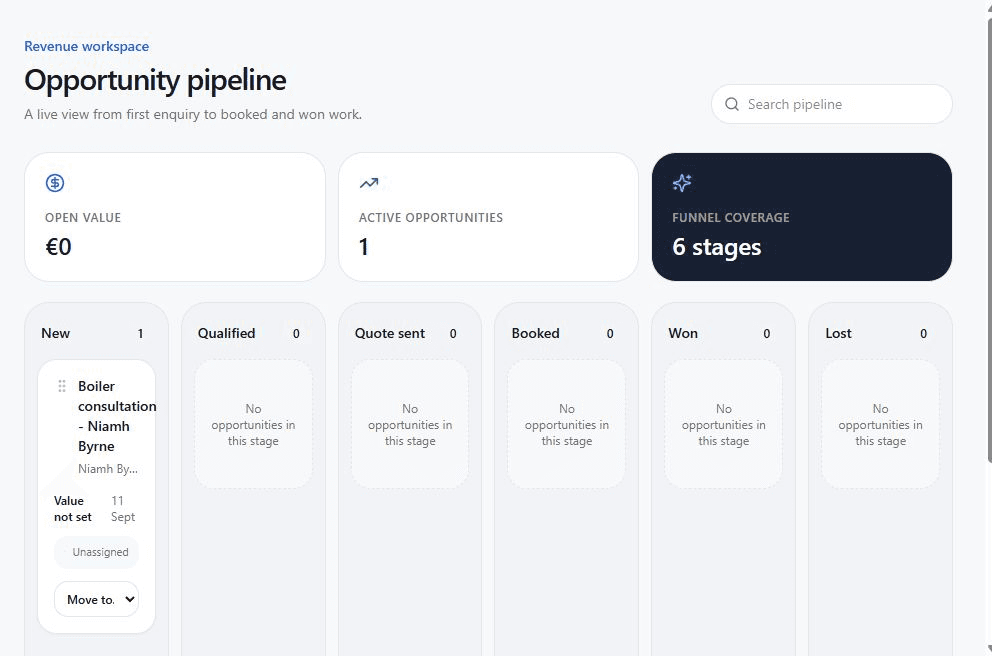 Opportunity pipeline showing enquiry stages from new through won