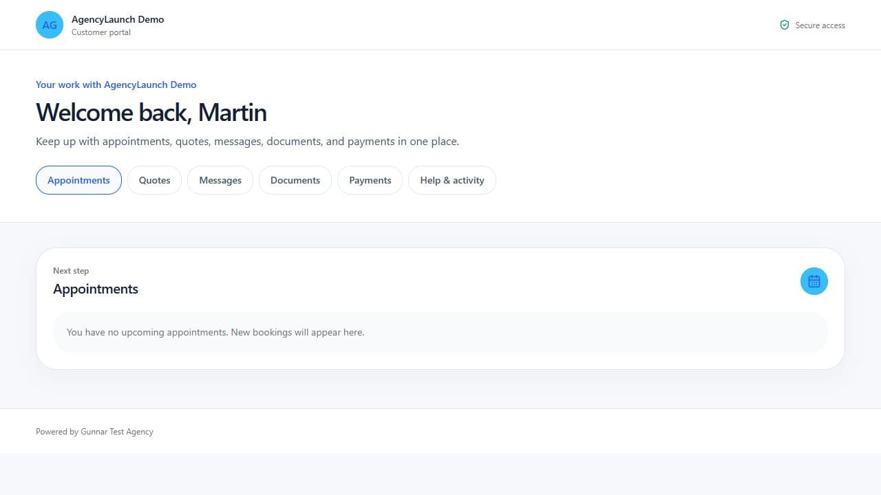Customer portal with appointments, quotes, messages, documents, and payments tabs