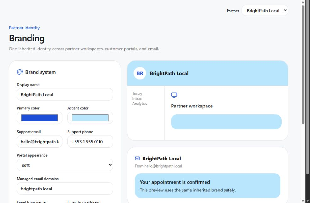 Partner branding controls the agency identity.