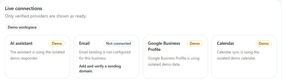 Connection cards distinguish setup, demonstration, and live readiness.