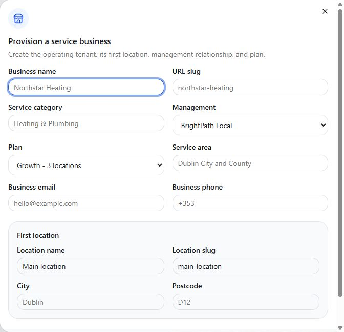Add client starts the business setup process.