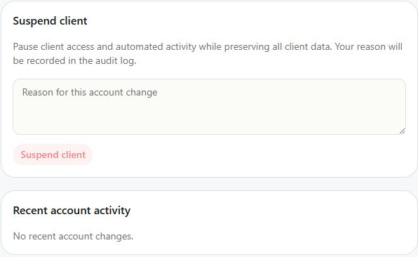 Suspension and reactivation are reasoned, audited account actions.