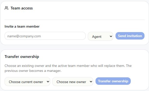 Team access and ownership transfer. Demo records may have no active owner; invite one before handover.