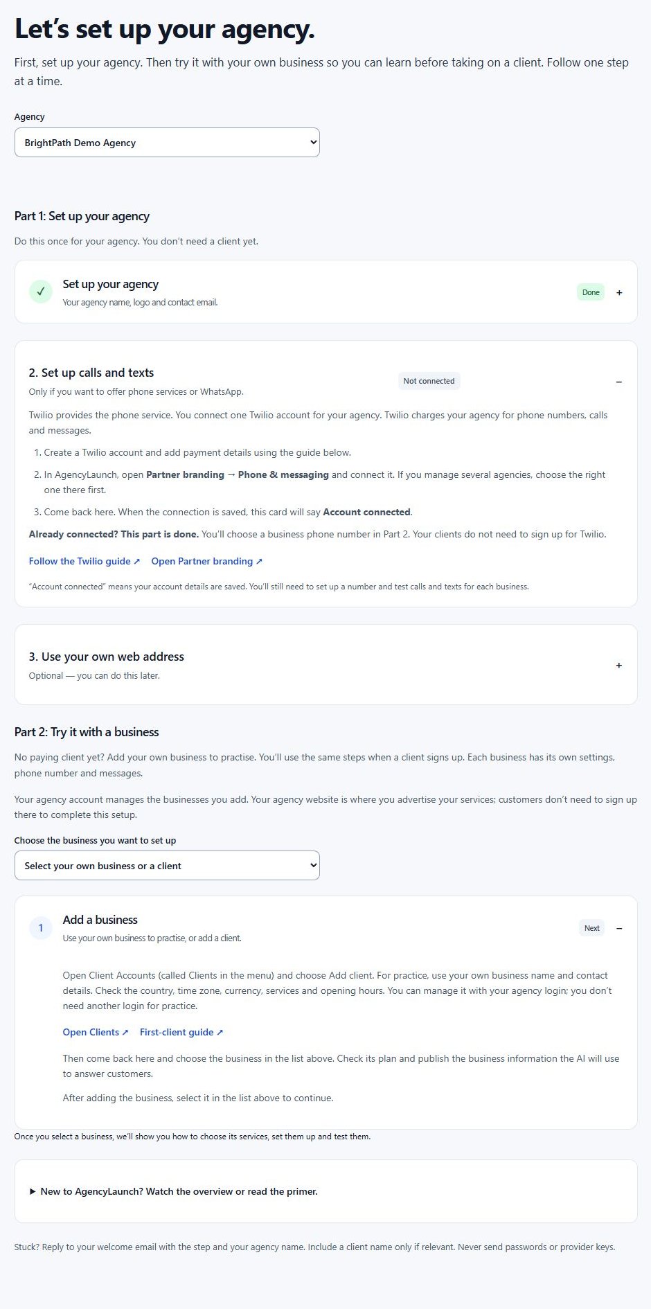 Start Here with agency-level Twilio setup in Part 1 and a separate practice-business section in Part 2