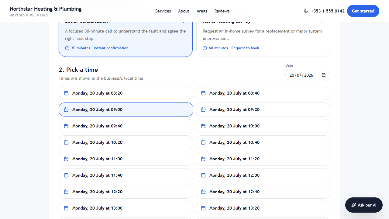 Live Northstar Heating booking page showing the selected time, customer details, privacy consent, optional marketing consent, and confirm booking action